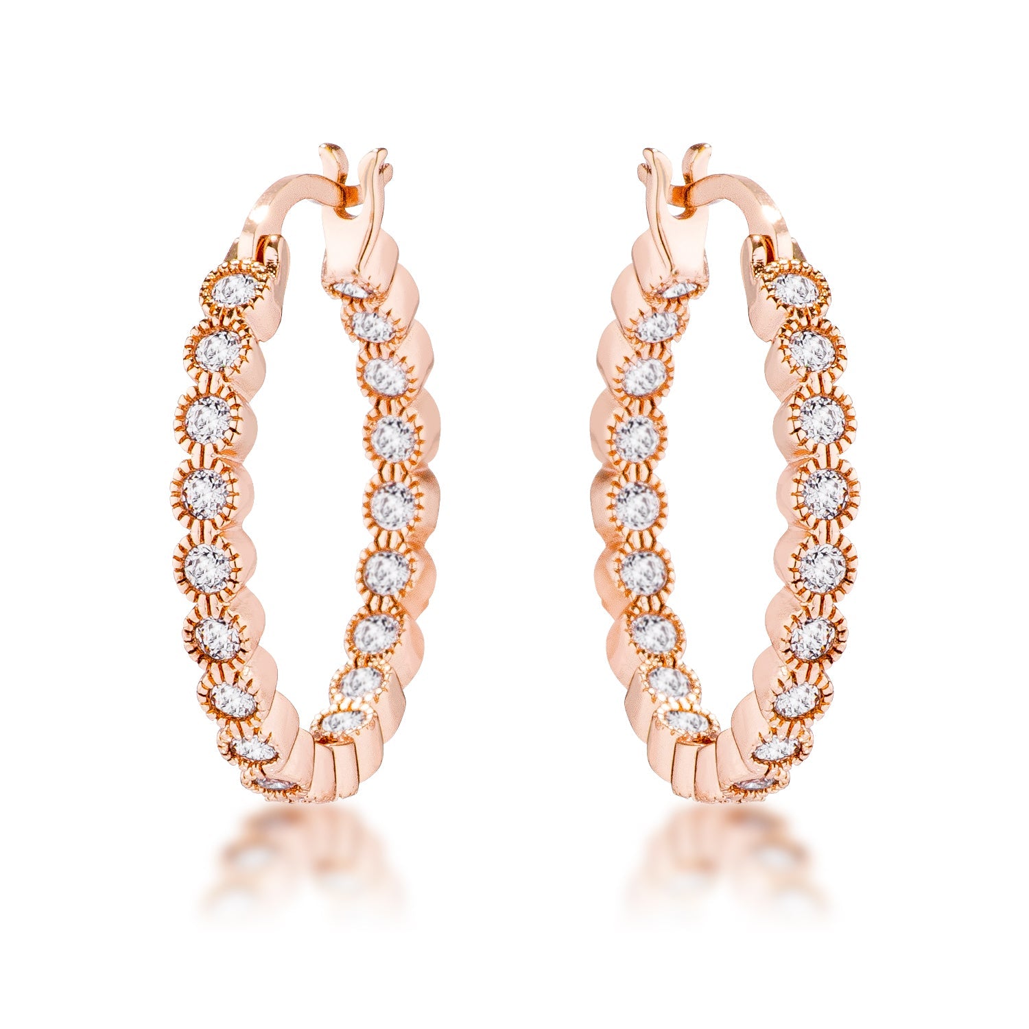 Rose Gold Plated Dotted Clear CZ Round Bezel Hoop Earrings