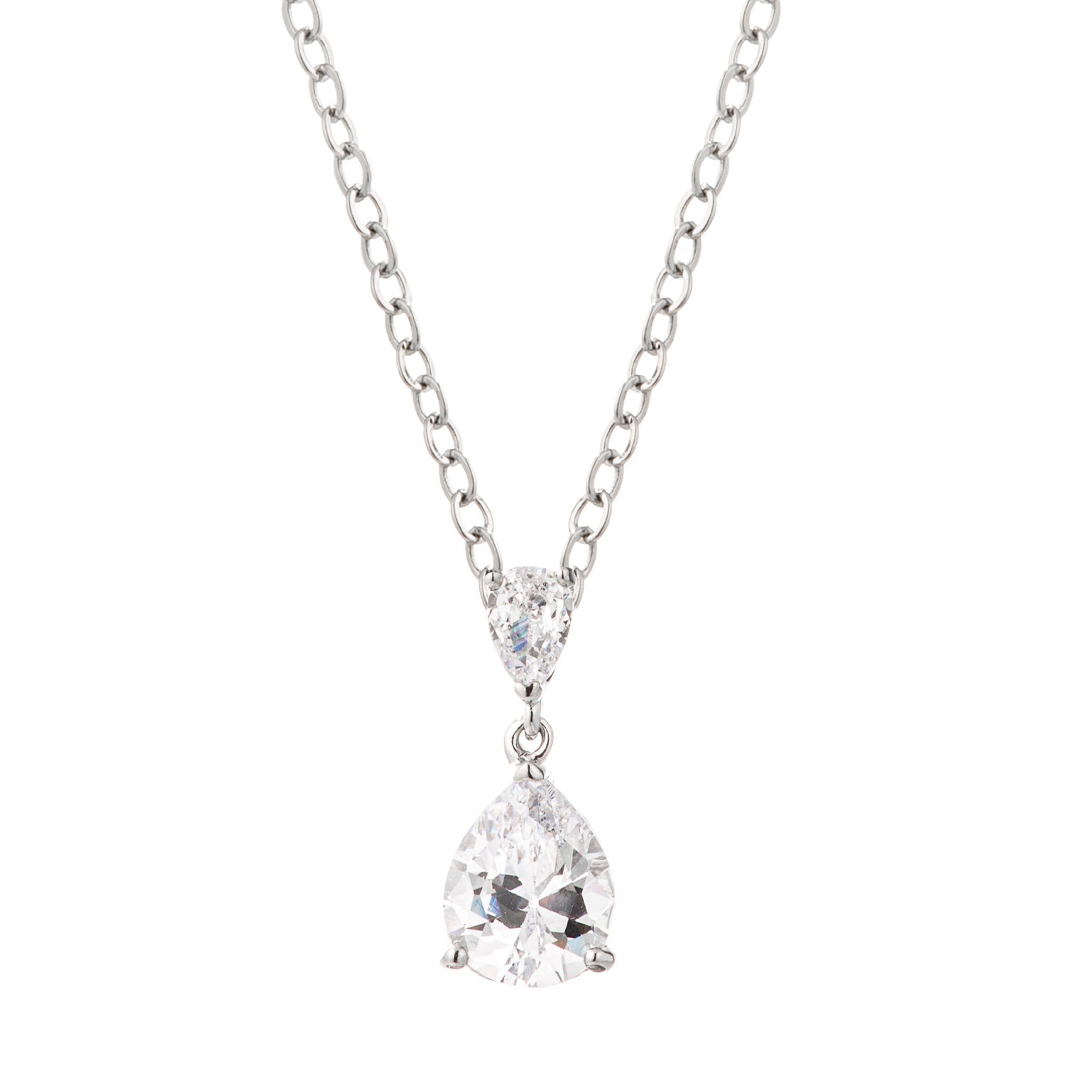 Rhodium Plated Double Pear CZ Drop  Necklace
