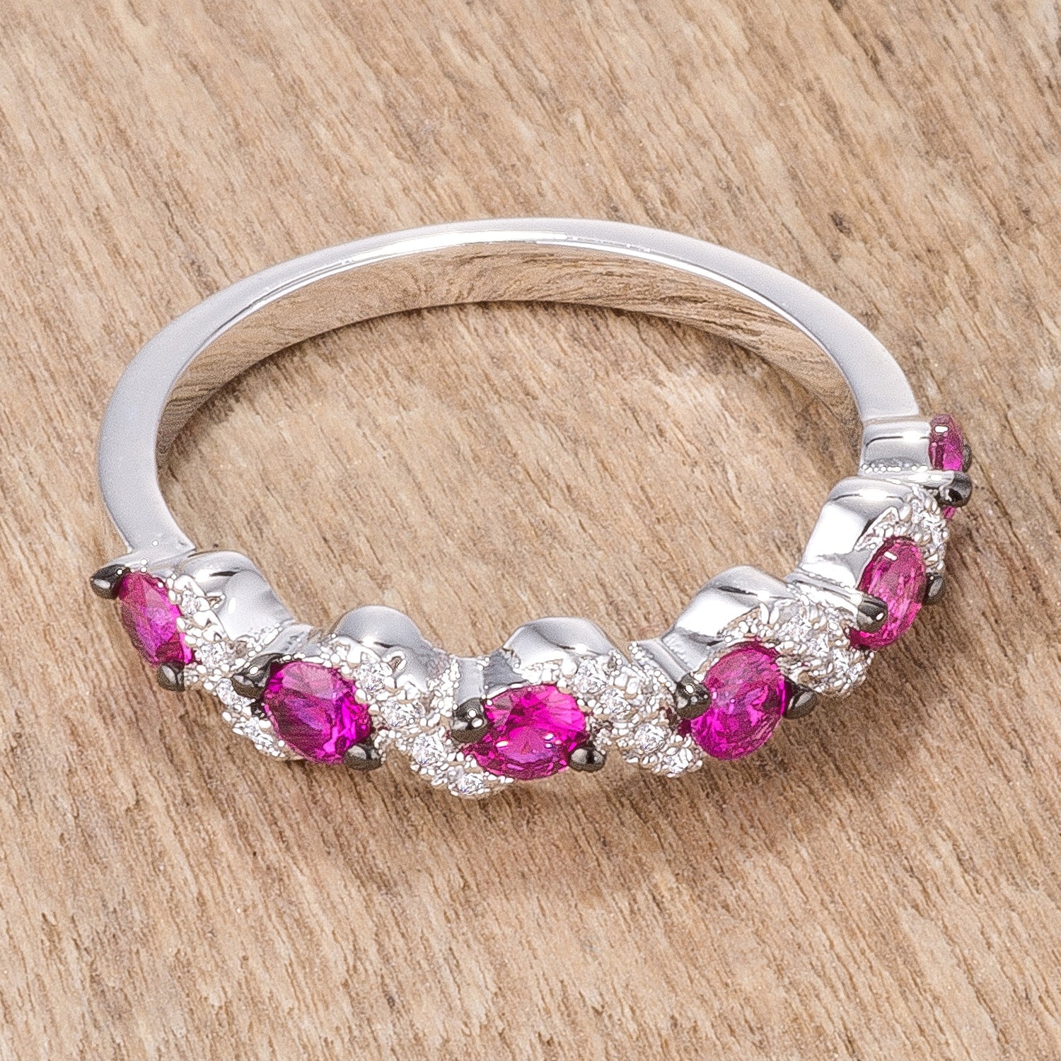 18Ct Rhodium S Shape Fuchsia and Clear Eternity Band